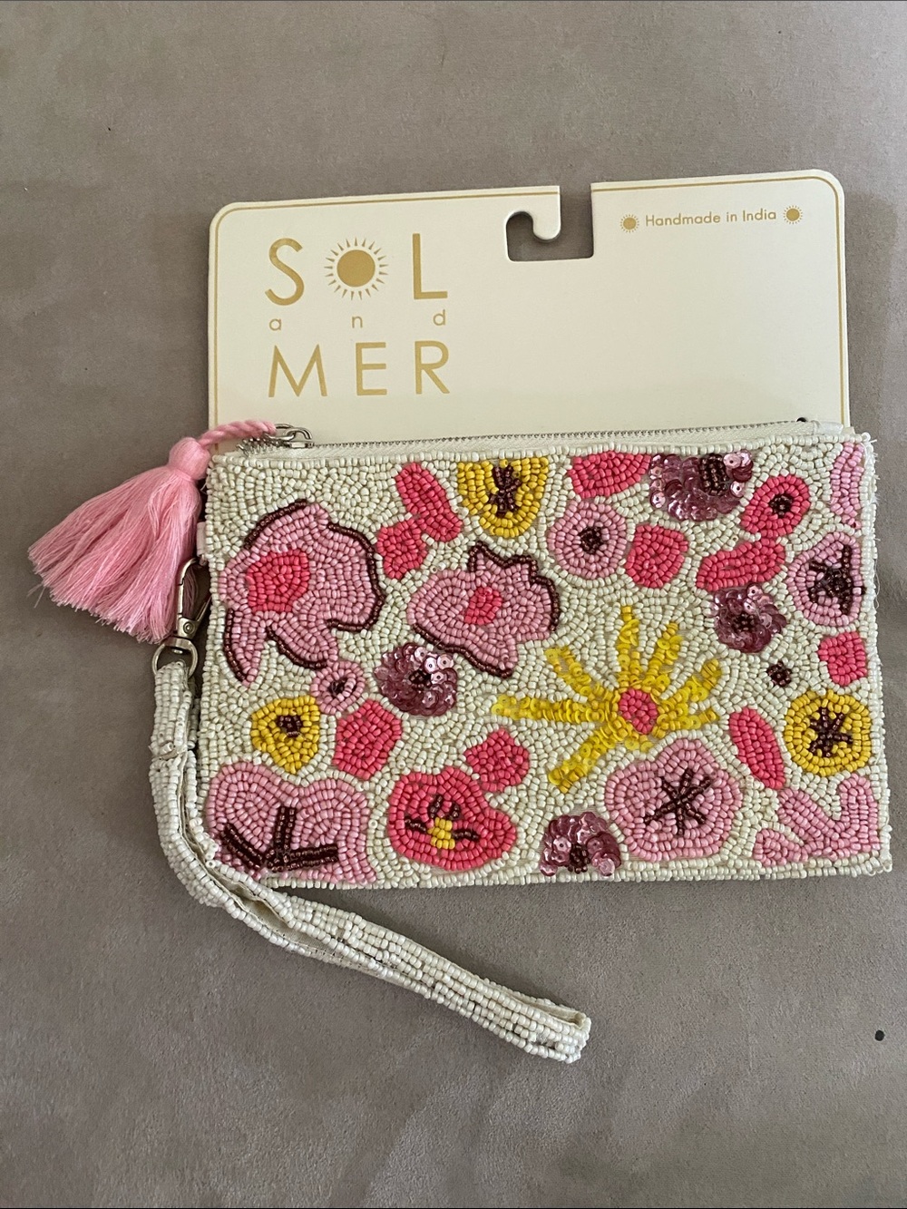 Sol and Mer Pink Floral Beaded Wristlet Clutch NWT. LARGE